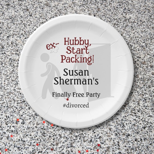 Plato De Papel Celebración del Fiesta del divorcio, ex mariscal,  (Divorce Party custom paper plates with the "ex-Hubby, Start Packing!" party decor theme.)