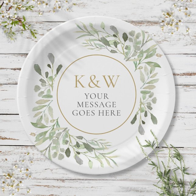Plato De Papel Celebración del Fiesta del Monograma Dorado de Ver (Gold Monogram Greenery Party Celebration Paper Plates)