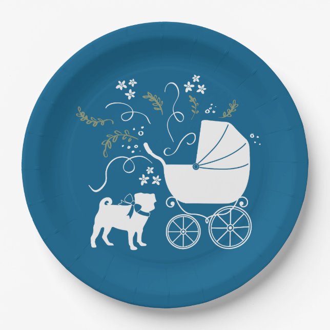 Plato De Papel Celebración del tema azul Pug Fiesta (Anverso)