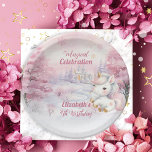 Plato De Papel Celebración mágica unicornio cuarto Fiesta de cump<br><div class="desc">Sabemos que no puedes esperar para celebrar el cumpleaños de tu pequeña y este diseño de la temporada invernal "Celebración mágica" celebra a tu pequeña con un glorioso rosa! Un lindo unicornio está adornado con su mejor color rosado y dorado en un fondo de lavanda nevado, rosa estrellado y pálido....</div>