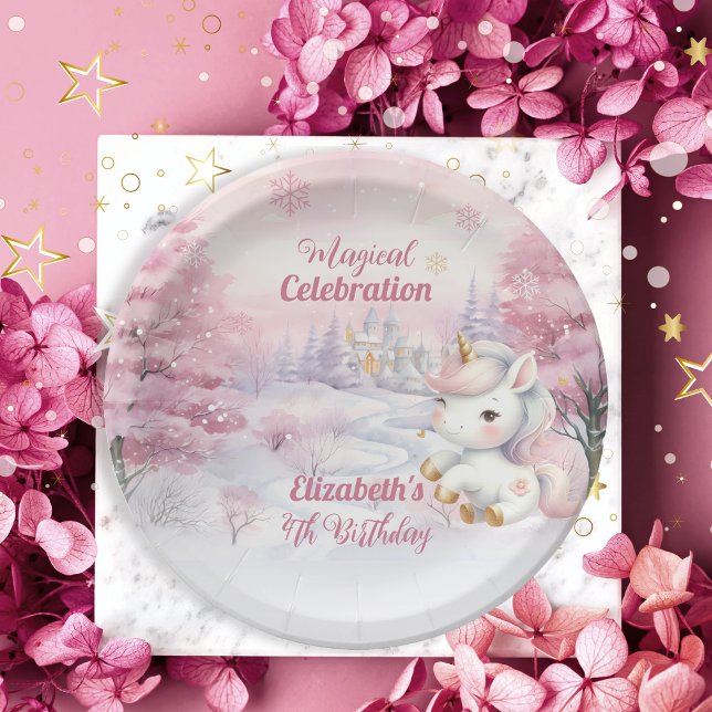 Plato De Papel Celebración mágica unicornio cuarto Fiesta de cump (Unicorn Pink Magical Celebration Mythical Creature Girl's 4th Birthday Party Paper Plates)