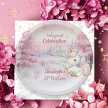 Plato De Papel Celebración mágica unicornio Fiesta de primer cump<br><div class="desc">Sabemos que no puedes esperar para celebrar el cumpleaños de tu pequeña y este diseño de la temporada invernal "Celebración mágica" celebra a tu pequeña con un glorioso rosa! Un lindo unicornio está adornado con su mejor color rosado y dorado en un fondo de lavanda nevado, rosa estrellado y pálido....</div>