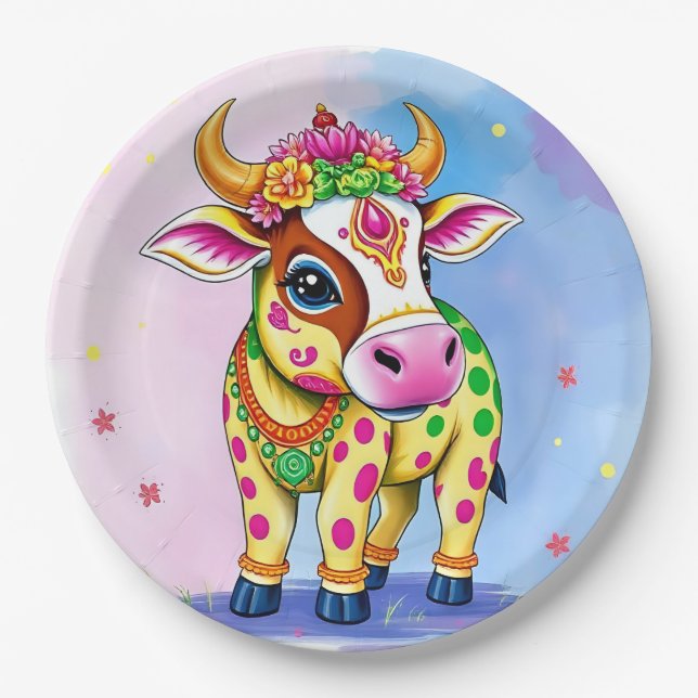 Plato De Papel Celebrar Diwali con vacas sagradas disfrazadas (Anverso)