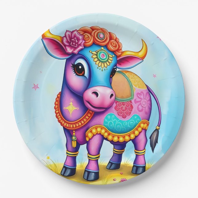 Plato De Papel Celebrar Diwali con vacas sagradas disfrazadas (Anverso)