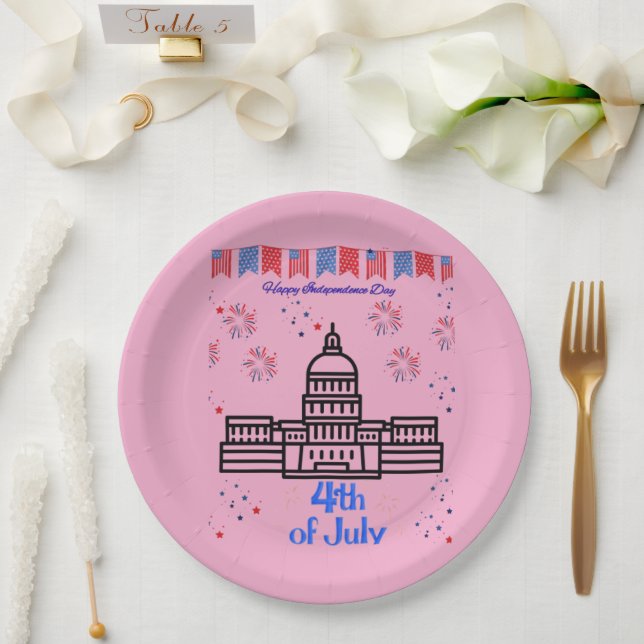 Plato De Papel Celebrating 4th of July light pink (Boda)