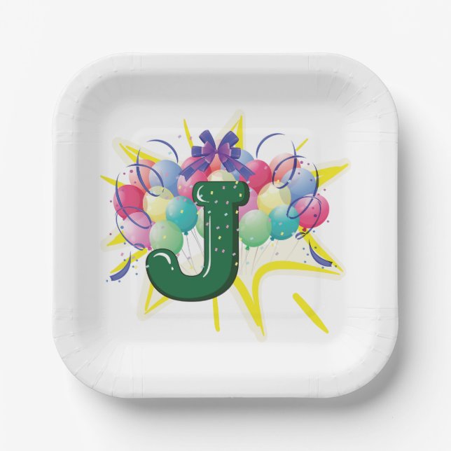 Plato De Papel Celebration Monogram Letter J with Balloons (Anverso)