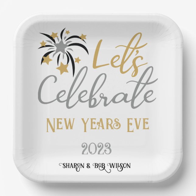 Plato De Papel Celebremos Año Nuevo Eve Black Gold Silver (Anverso)