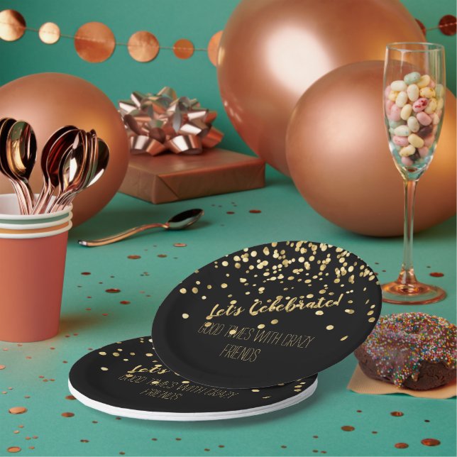 Plato De Papel Celebremos el Fiesta de Black Gold Confetti (Multi)