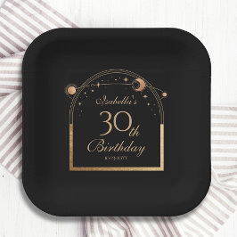 Plato De Papel Celestial Black Gold Sun Moon Stars 30 cumpleaños