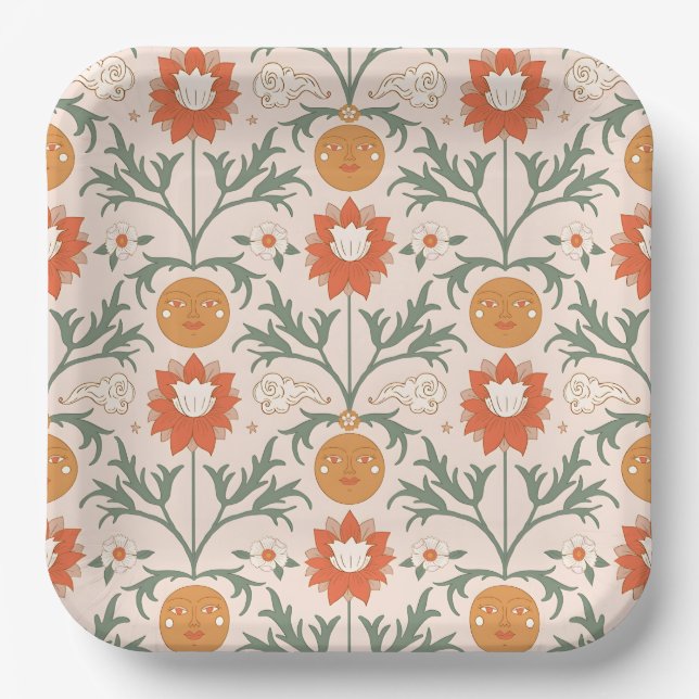 Plato De Papel Celestial Floral Sunburst Seamless Pattern Design (Anverso)