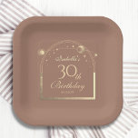 Plato De Papel Celestial Mocha Gold Sun Moon Stars 30 cumpleaños<br><div class="desc">La Celestial Mocha Mousse Gold Sun Moon Astronomy 30th Birthday Paper Plates presenta un elegante sol dorado, luna y estrellas con un marco dorado sobre un fondo de mousse mocha. Dentro está tu información de 30 años de personalizado. Personalice editando el texto en los cuadros de texto. Diseñado por Evco...</div>