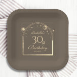 Plato De Papel Celestial Mocha Gold Sun Moon Stars 30 cumpleaños<br><div class="desc">La astronomía Celestial Mocha Gold Sun Moon Astronomy 30th Birthday Paper Plates presenta un elegante sol dorado, luna y estrellas con un marco dorado sobre un fondo de mocha. Dentro está tu información de 30 años de personalizado. Personalice editando el texto en los cuadros de texto. Diseñado por Evco Studio...</div>