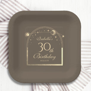 Plato De Papel Celestial Mocha Gold Sun Moon Stars 30 cumpleaños