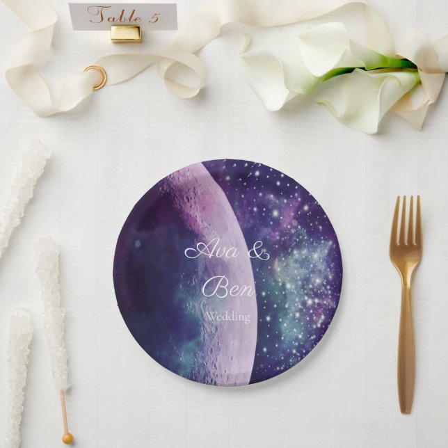 Plato De Papel Celestial Purple Galaxy Moon Wedding  (Boda)