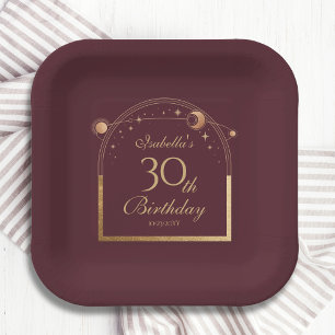 Plato De Papel Celestial Red Gold Sun Moon Stars 30 cumpleaños