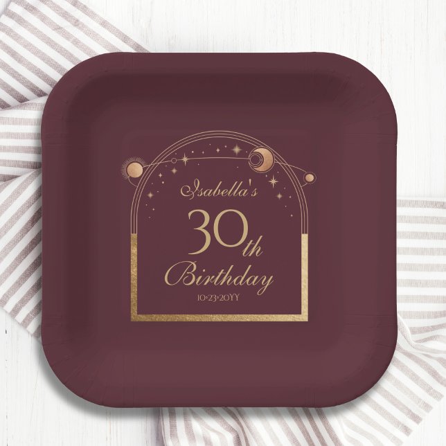 Plato De Papel Celestial Red Gold Sun Moon Stars 30 cumpleaños (Subido por el creador)
