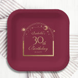 Plato De Papel Celestial Red Gold Sun Moon Stars 30 cumpleaños<br><div class="desc">Celestial Red Gold Sun Moon Astronomy 30th Birthday Paper Plates presenta un elegante sol dorado,  luna y estrellas con un marco dorado sobre un fondo rosado profundo. Dentro está tu información de 30 años de personalizado. Personalice editando el texto en los cuadros de texto. Diseñado por Evco Studio www.zazzle.com/store/evcostudio</div>