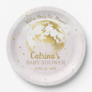 Plato De Papel Celestial rosa sobre la luna y Baby Shower estrell