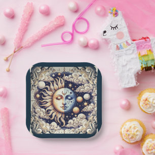 Plato De Papel Celestial Vintage Medio Sol y Luna Azul Amarillo