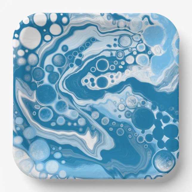 Plato De Papel Células de pintura Blue Digital Fluid Art Marble P (Anverso)