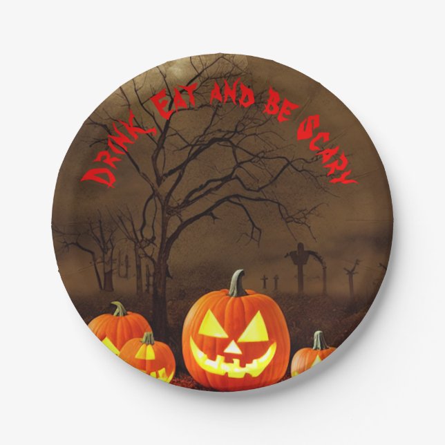 Plato De Papel Cementerio de Halloween Bebe come y da miedo (Anverso)