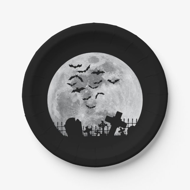 Plato De Papel Cementerio de la Luna Llena de Halloween Graveyard (Anverso)
