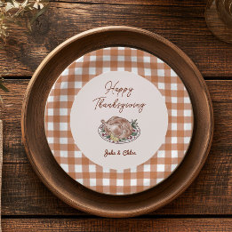 Plato De Papel Cena de Acción de Gracias con Gingham Otoñal Rústi