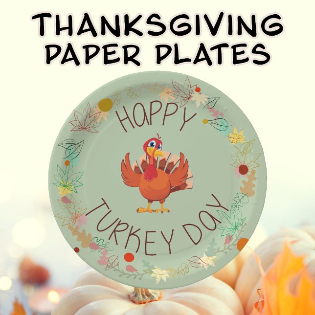 Plato De Papel Cena de Acción de Gracias Feliz Día de Turquía se  (Thanksgiving Paper Plates with a Turkey saying Happy Turkey Day)