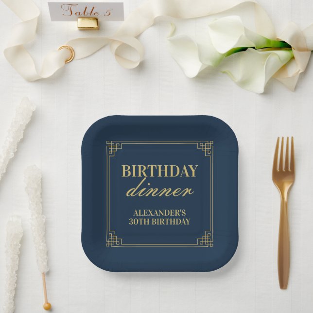 Plato De Papel Cena de cumpleaños Chic Navy Gold Gatsby (Boda)
