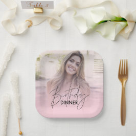 Plato De Papel Cena de cumpleaños con foto de gradiente rosa sonr