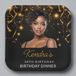 Plato De Papel Cena de cumpleaños Gold and Black Photo Instagram 