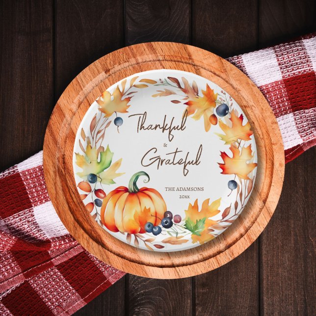 Plato De Papel Cena de fiesta de Pot Luck Thankding (Thanksgiving pot luck thankful grateful party tableware personalized plates watercolor wreath pumpki)