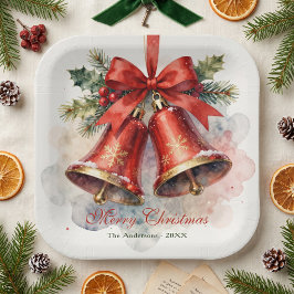 Plato De Papel Cena de Navidad con Acuarela de Campanas Rojas Vin