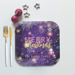 Plato De Papel Cena de Navidad de invierno con oro púrpura