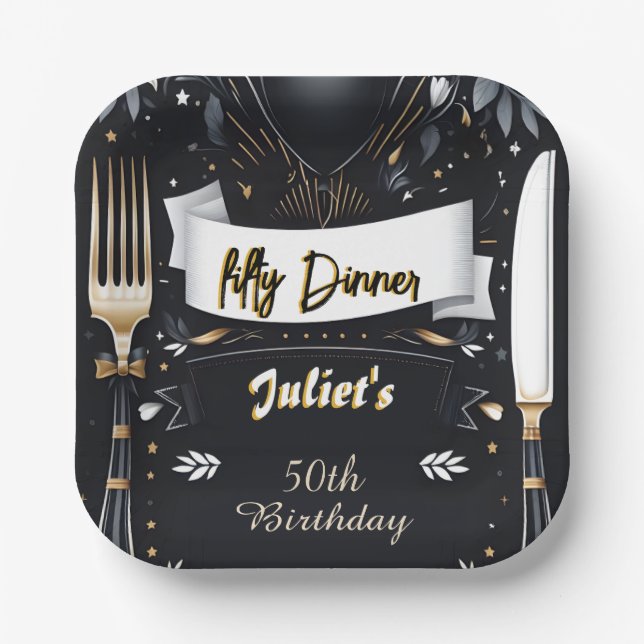 Plato De Papel Cena masculina para adultos elegante 50 años (Anverso)