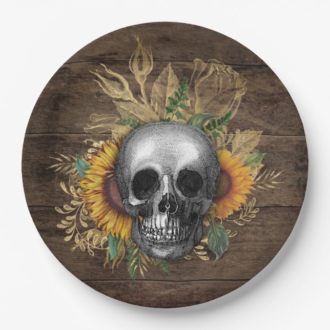 Plato De Papel Cena Recepción Rústica de Girasol Skull (Anverso)