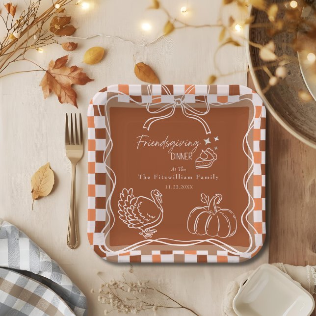 Plato De Papel Cena Retro Coquette Friendscome Acción de Gracias (Retro Coquette Friendsgiving dinner Thanksgiving Paper Plates)