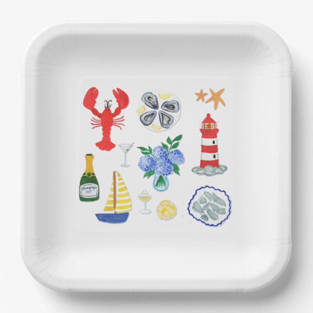 Plato De Papel Cena temática de Nantucket pintada a mano (Anverso)