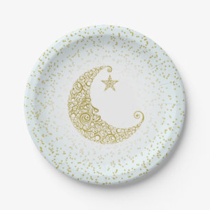 Plato De Papel Centelleo poco azul de la luna del oro de la
