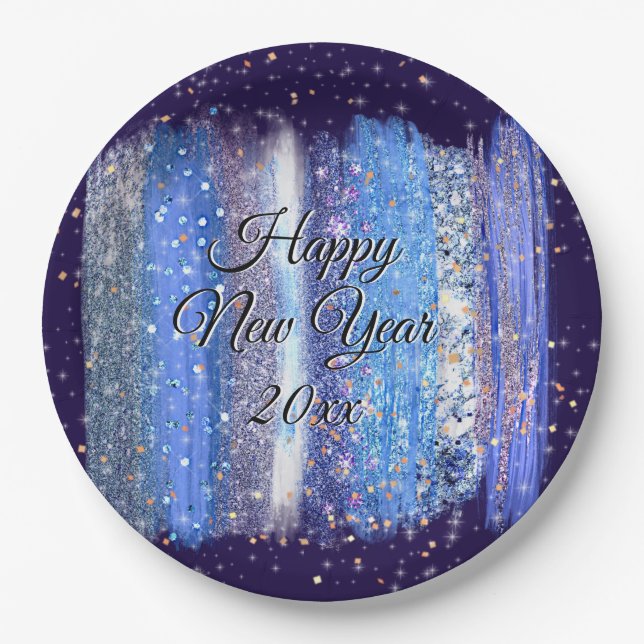 Plato De Papel Cepillo helado azul sacude Año nuevo feliz 20xx 9" (Anverso)
