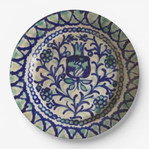 Plato De Papel Cerámica azul de la granada y blanca hecha a mano