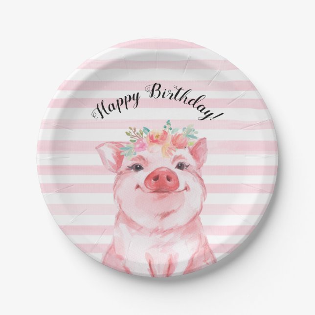 Plato De Papel Cerdo acuático con rayas rosadas Cumpleaños (Anverso)