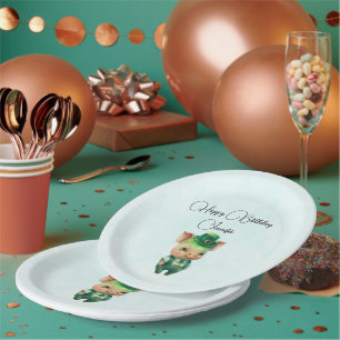 Plato De Papel Cerdo de cuento de hadas verde lindo con atuendo b