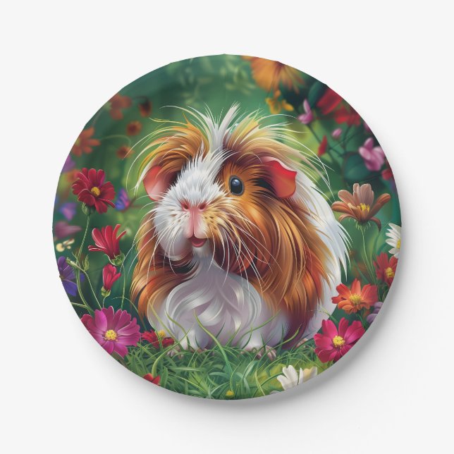 Plato De Papel Cerdo de Guinea entre las flores (Anverso)