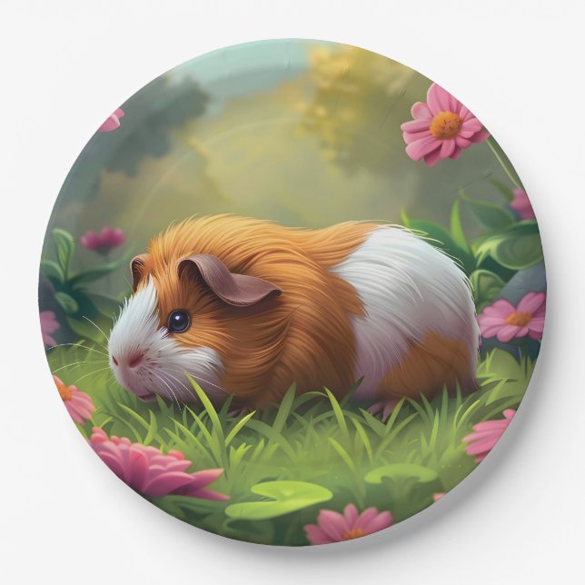 Plato De Papel Cerdo De Guinea Entre Las Flores Rosa (Anverso)