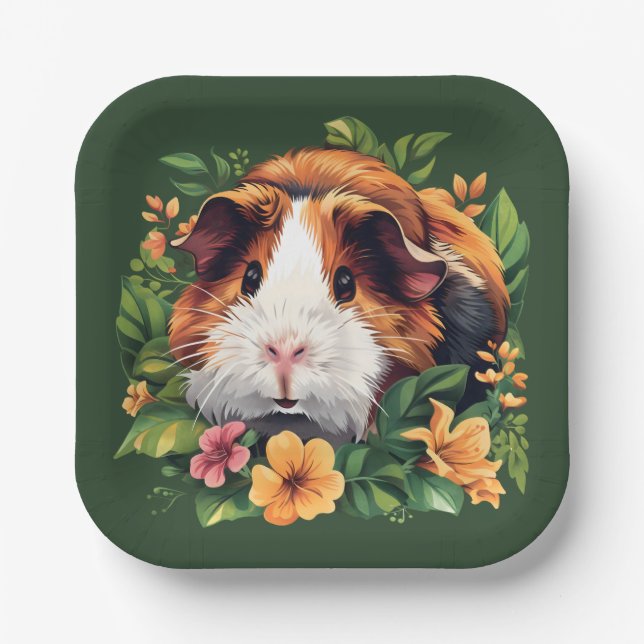 Plato De Papel Cerdo guineano entre flores (Anverso)