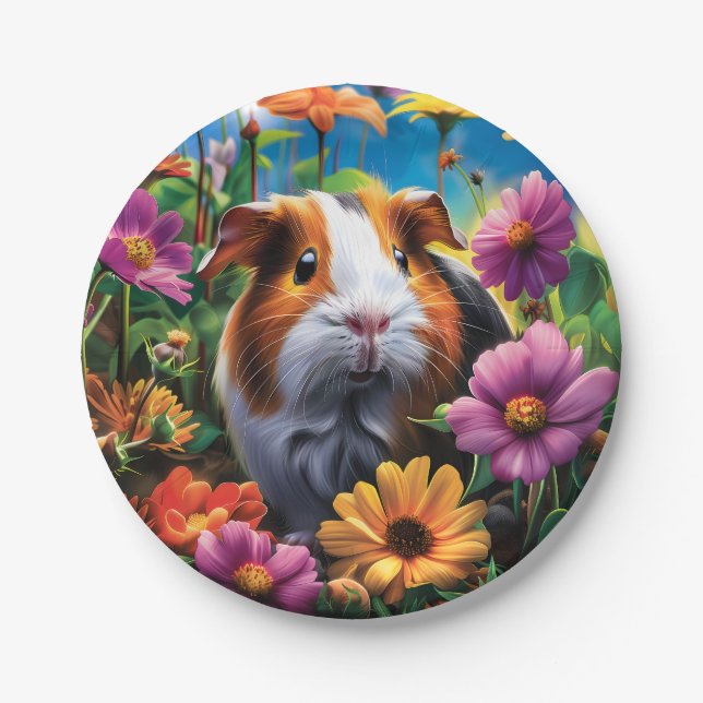 Plato De Papel Cerdo guineano entre flores vibrantes (Anverso)