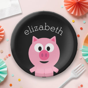 Plato De Papel Cerdo Personalizado de granja - rosa y negro