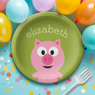 Plato De Papel Cerdo Personalizado de granja - verde rosa y lima
