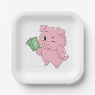 Plato De Papel Cerdo rosa sosteniendo dinero dando pulgares hacia